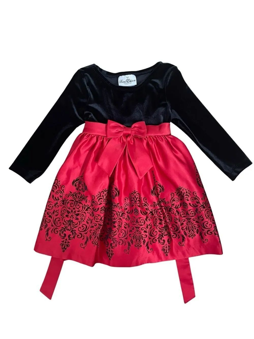 Girls Red Black Holiday Dress Size 3T Velvet Satin Bow Party Dress